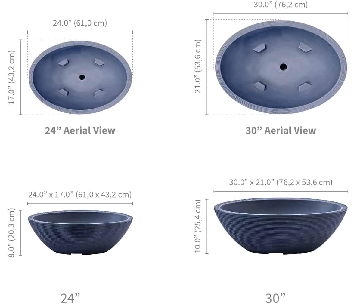 Crescent Garden Delano Oval Planter Bowl, Succulent Garden, Unique Indoor/Outdoor Double-Walled Plant Bowl with Plug- Oval Shape - 24" L x 17" W x 8" H (Caviar Black)