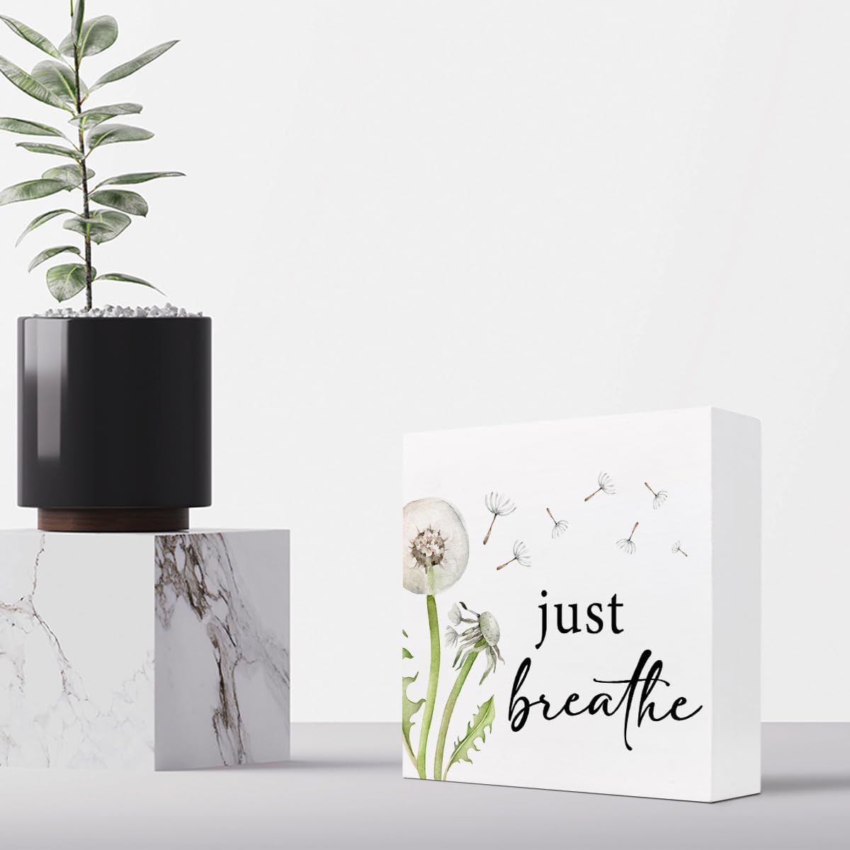 Z-Crange Just Breathe Dandelion Wood Block Sign, Rustic Wooden Plaque for Home, Bedroom, Meditation Space, Office, Shelf, Table Decor