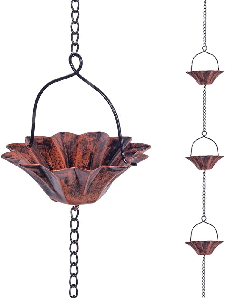 10FT Lotus Rain Chain, Rain Chains for Gutters with 12 Cups, Adjustable Rain Catcher Chain with Bell for Eaves Drainage, Replacement for Downspout
