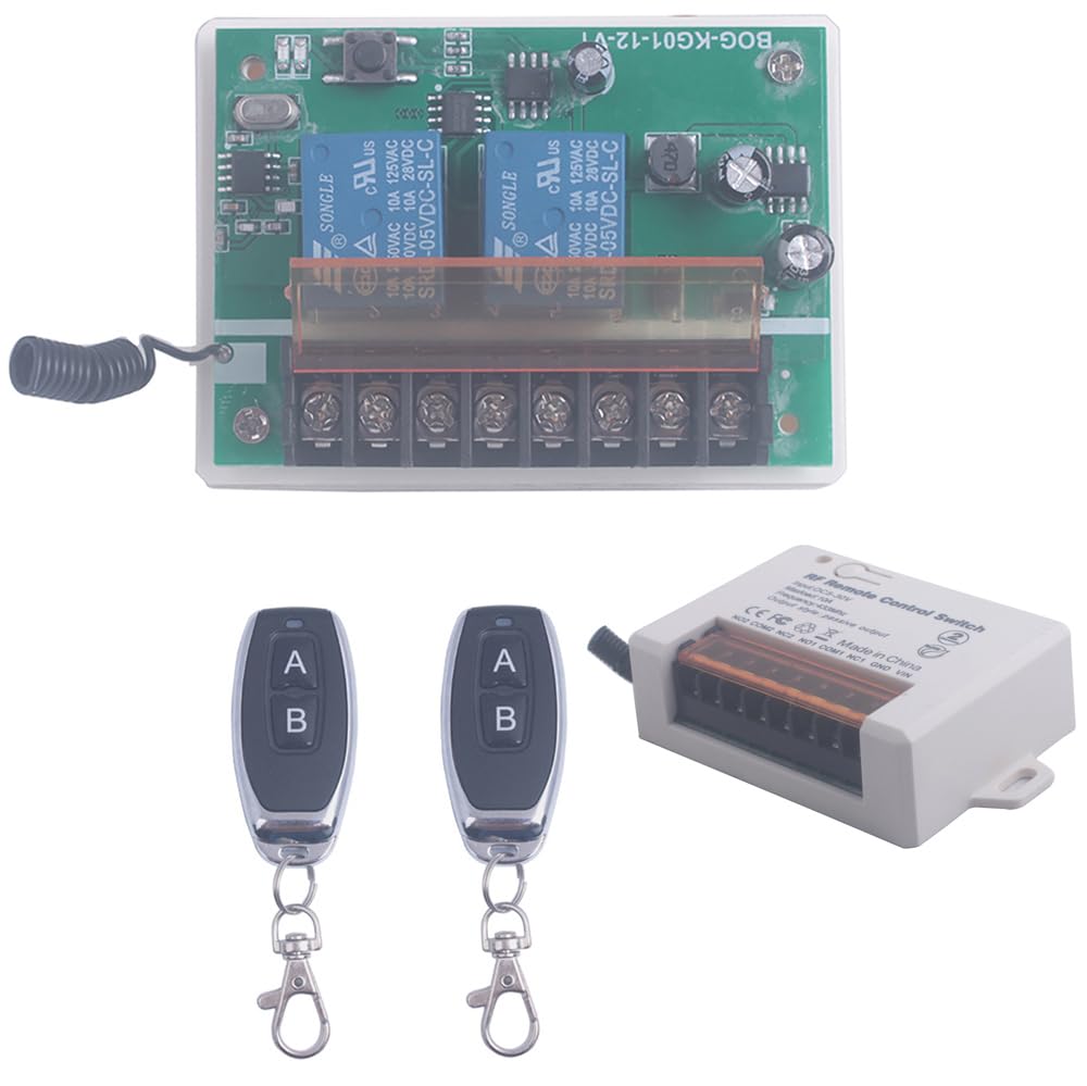 12V 24V 2 Channels Wireless Relay Remote Control Switch, RF 433Mhz DC 5V-30V Garage Door Opener Wireless Switch with Receiver 2 Transmitters, Easy to Terminal Wiring (2CH 2* Controller 433Mhz)