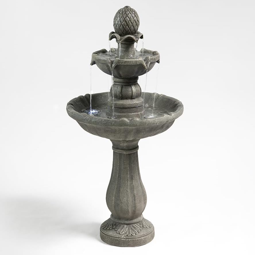 3 Tiered Outdoor Water Fountains –42.2 in. Tall Large Floor-Standing Outside Fountains with Elegant Waterfall Feature for Garden, Yard, Patio, Home Decor (Grey)