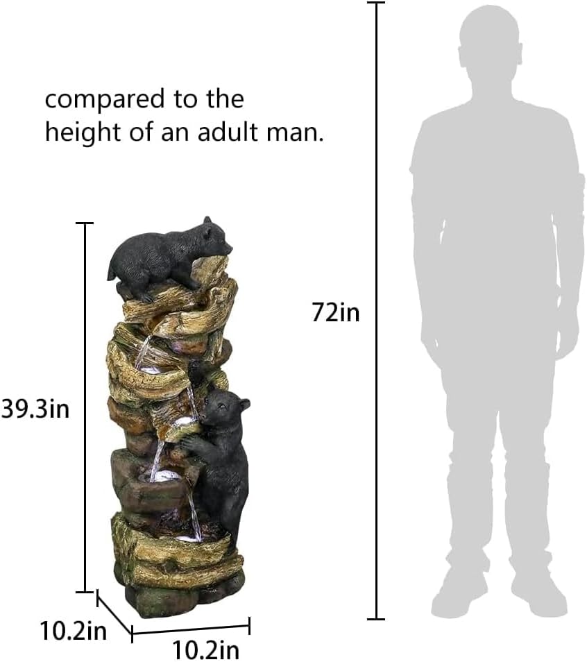 39.3 Inch 5 Tier Outdoor Garden Water Fountain Bears Climbing Tree Resin Fountain with LED Lights for Garden Patio Folding Patio Deck (Brown)