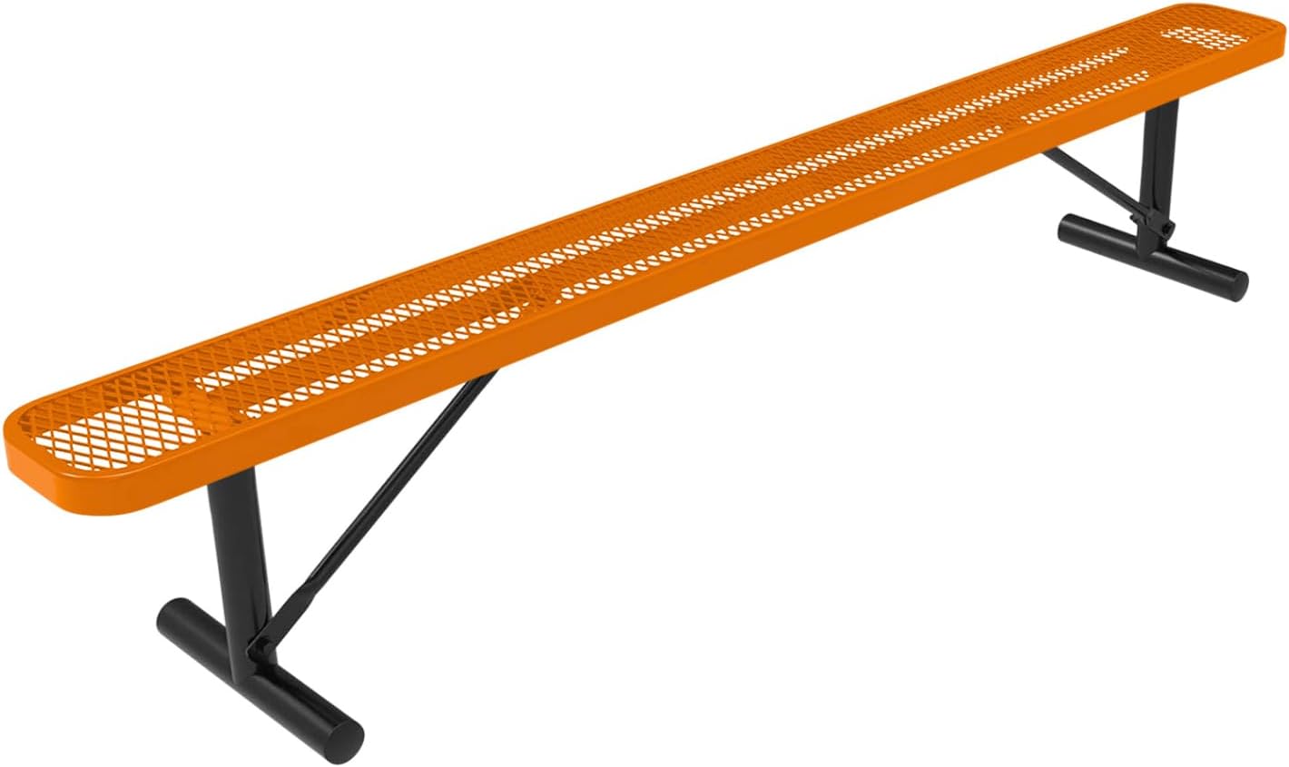 Coated Outdoor Furniture Heavy-Duty Portable Outdoor Bench Thermoplastic Coated, Expanded Metal, Commercial-Grade Seating, Made in America (Portable Without Back, 8 Ft, Orange)