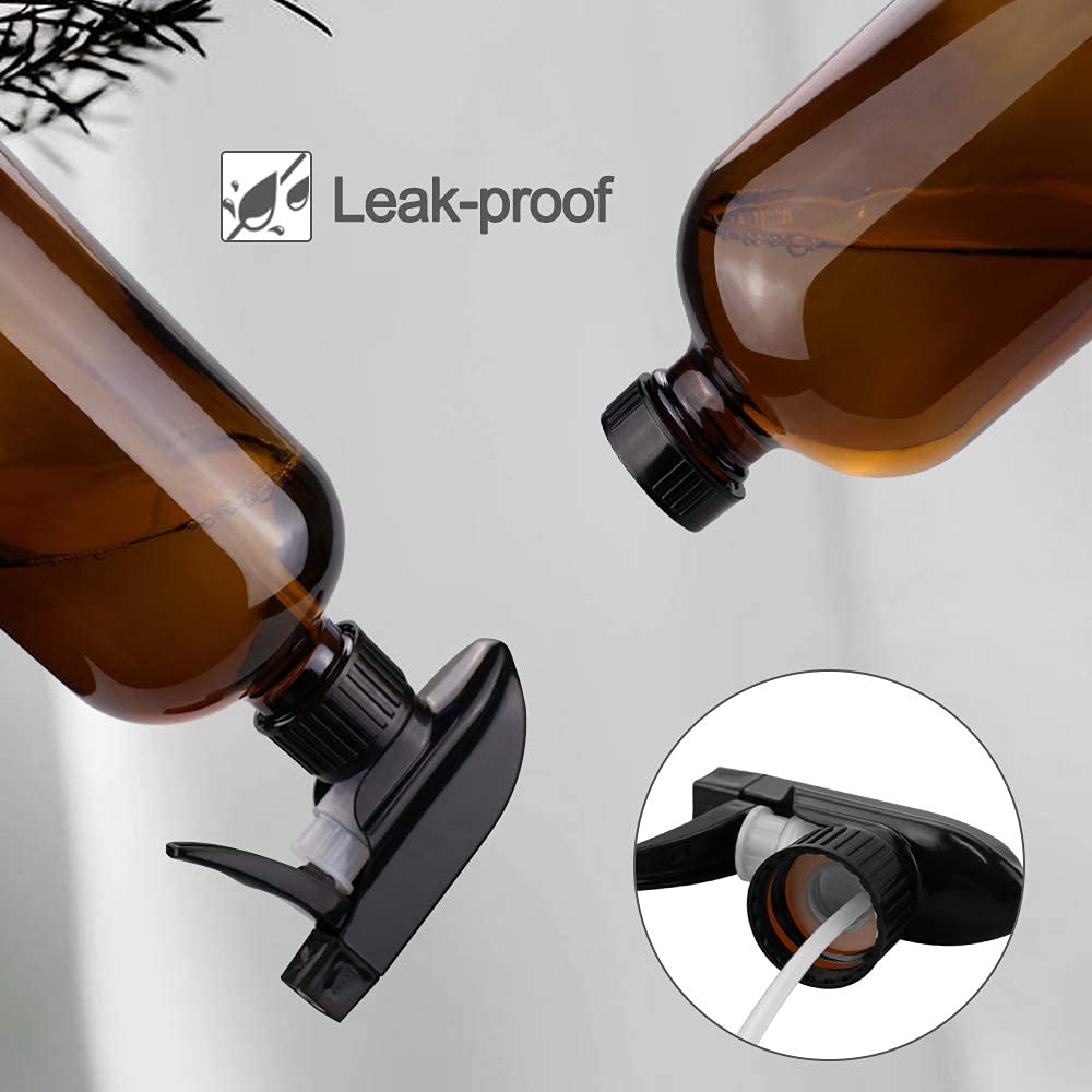 Glass Spray Bottles, 16oz Refillable Containers, Empty Boston Round Bottles with Labels & Adjustable Nozzle for Cleaning, Gardening, Aromatherapy, Pets, Plant, Hair -Amber (2 Pack)