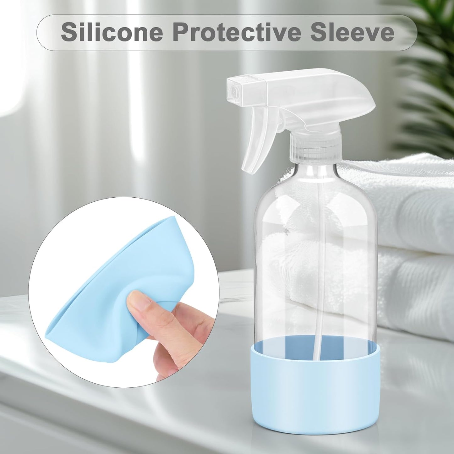 2 Pack Glass Spray Bottles with Silicone Sleeve, 16 oz Empty Refillable Containers with Adjustable Spray Nozzles, Spray Bottles for Hair, Cleaning Solutions and Plants Blue&Pink