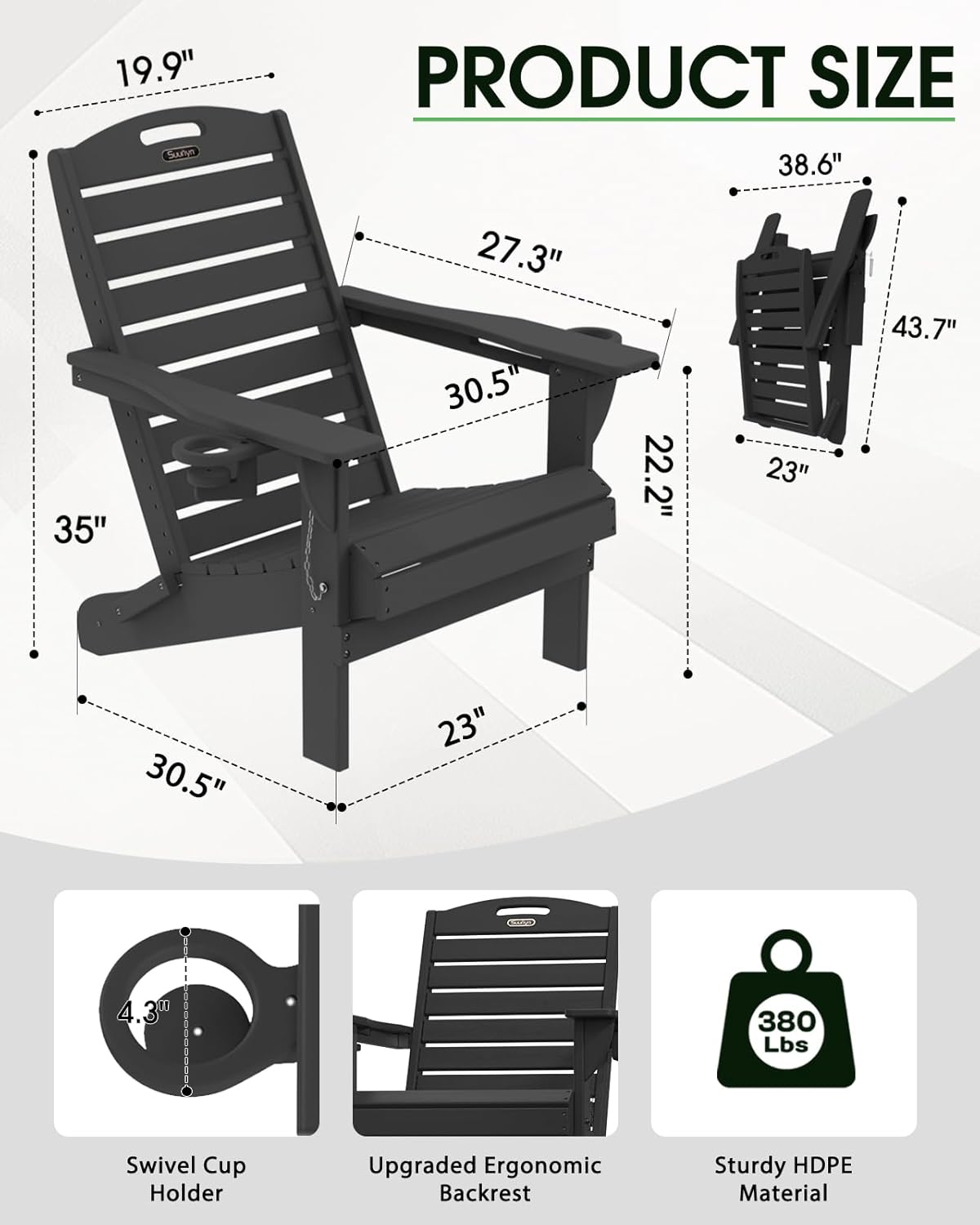 Adirondack Chairs Set of 4, Outdoor Fire Pit Chairs, HDPE All-Weather Adirondack Chairs with Cup Holder, Lawn Chair for Deck, Patio, Garden (Black)