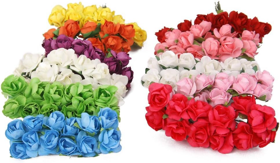 Mini Fake Rose Flower Heads 144pcs Mini Artificial Mulberry Paper Roses Flower with Wire Stem DIY Wedding Flowers Accessories Make Bridal Hair Clips Headbands Dress (Orange)
