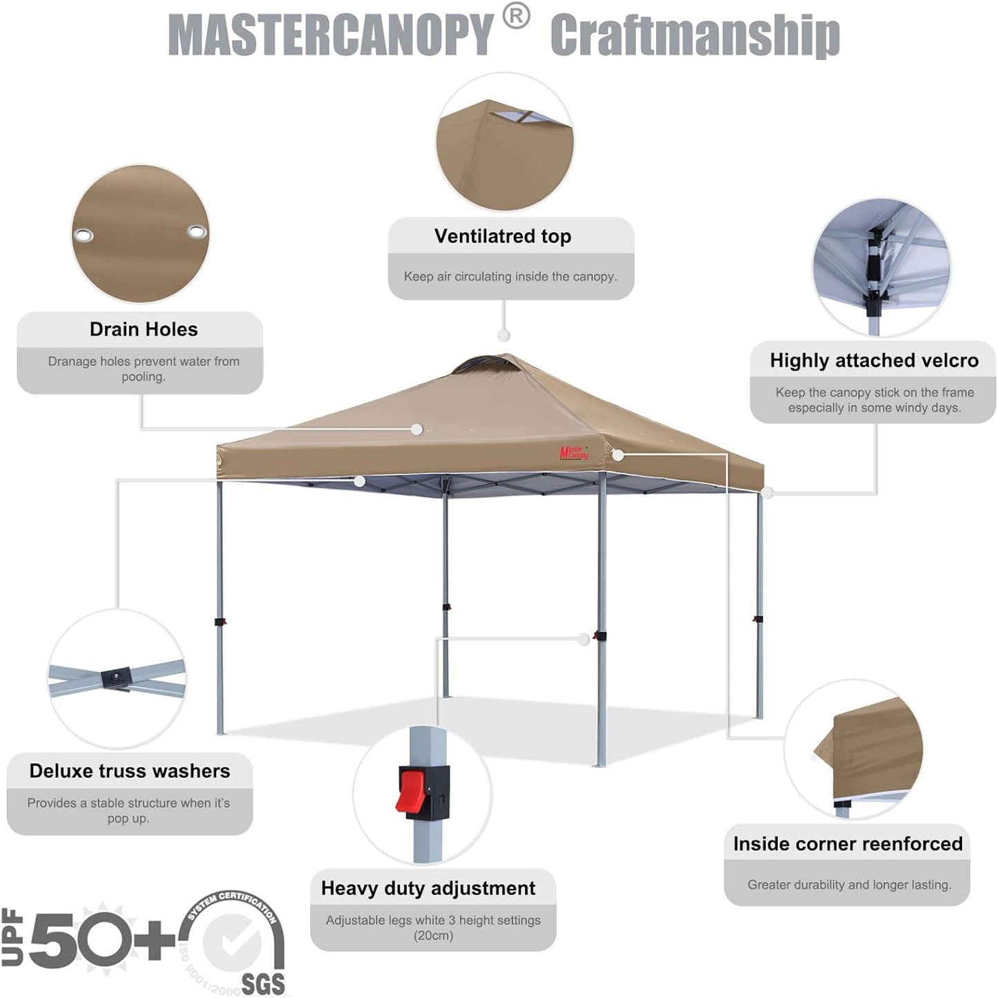 MASTERCANOPY Durable Pop-up Canopy Tent with Roller Bag (10x10, Khaki)
