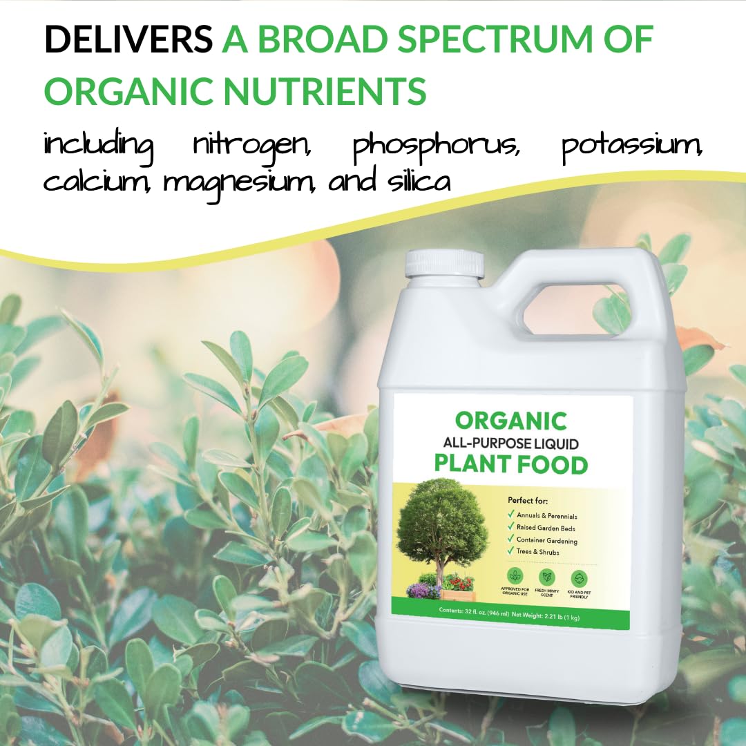 Organic All-Purpose Liquid Plant Food - Use on All Outdoor Plants: Flower Beds, Vegetable Gardens, Container Gardening | Concentrated Liquid Fertilizer Alternative (32oz, Mixes to 32 Gallons)