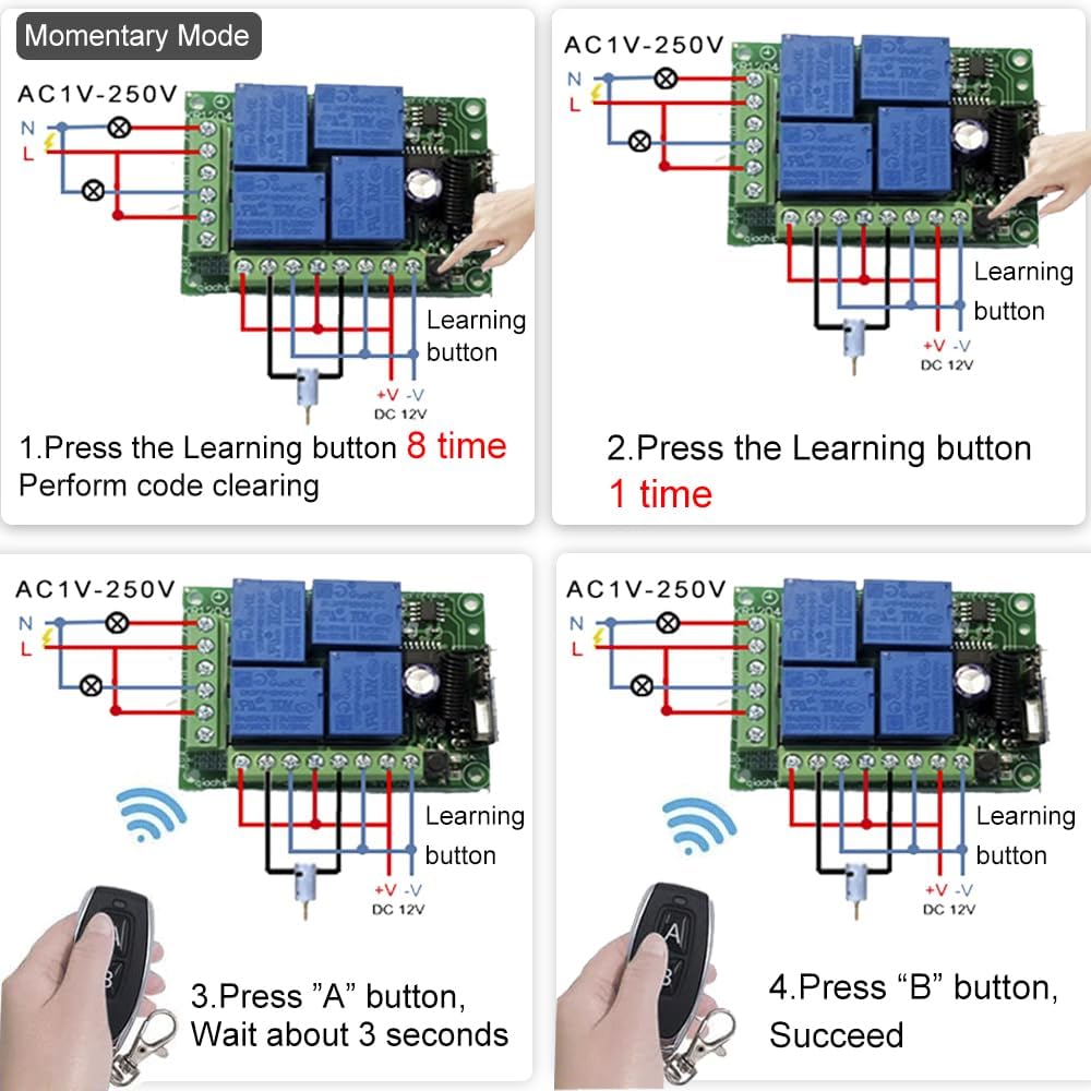 QIACHIP Universal 12V 4CH Wireless Relay Remote Module Switch RF 433Mhz with Remote Control Key Fob 2 Transmitters 1 Receiver for Light Garage Door Electric Gate,Momentary Toggle Latched(KR1204)