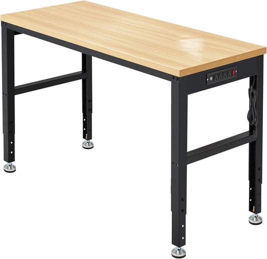 48” Adjustable Workbench，Heavy Duty Wood Work Bench 2000 Lbs Load Capacity,Work Table with Power Outlet for Garage, Workshop, Office, Home