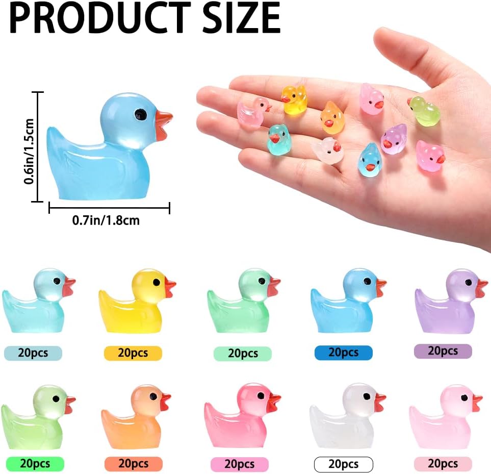 200pcs Luminous Mini Resin Duck 10 Colors Little Small Ducks Glow in The Dark Duck Figures for Dollhouse Aquarium Decor Micro Fairy Garden Landscape Hide and Seek Prank Toys