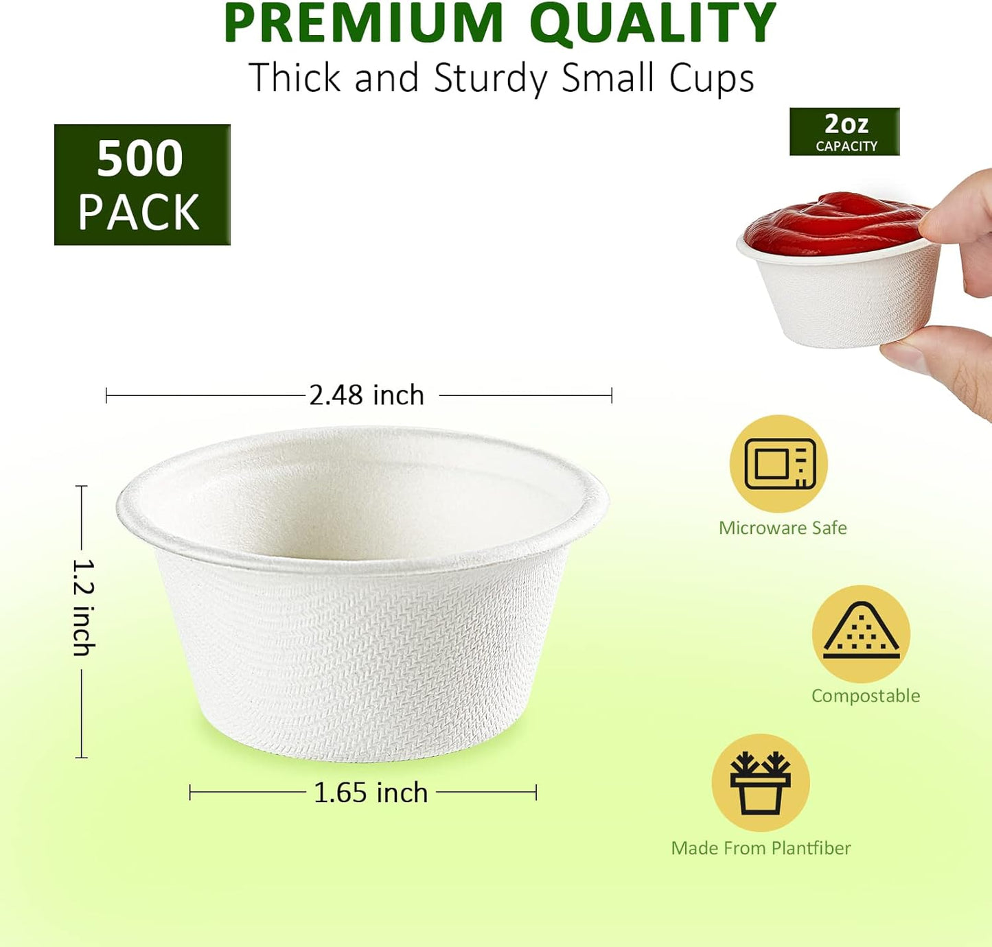 Vplus 500 Pack 2 OZ Disposable Souffle Cups, 100% Compostable Portion Cups, Made From Bagasse Fibe, Perfect For Dips, Food Sample, Jams, Honey, Sauces, Nuts
