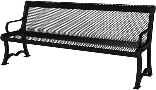 Heavy-Duty Outdoor Bench Thermoplastic Coated, Expanded Metal, Commercial-Grade Garden Bench, Made in America (Portable with Back, 4 Ft, Textured Black)