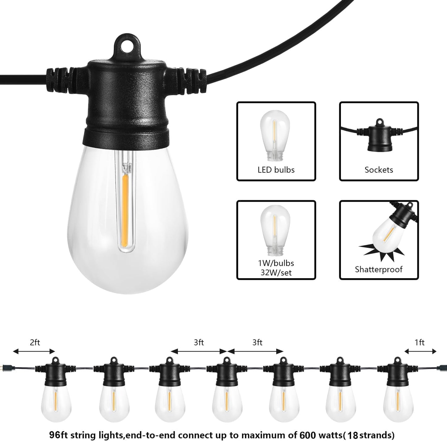 SUNTHIN Outdoor String Lights, 2 Pack 96FT Patio Lights with LED Shatterproof Bulbs, Hanging for Outside, Garden, Backyard, Deck, Porch, Fence, Bistro, Pool, Party