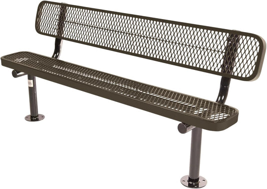 Coated Outdoor Furniture Heavy-Duty Outdoor Bench Thermoplastic Coated, Expanded Metal, Commercial-Grade Seating, Made in America (Surface with Back, 6 Ft, Textured Brown)