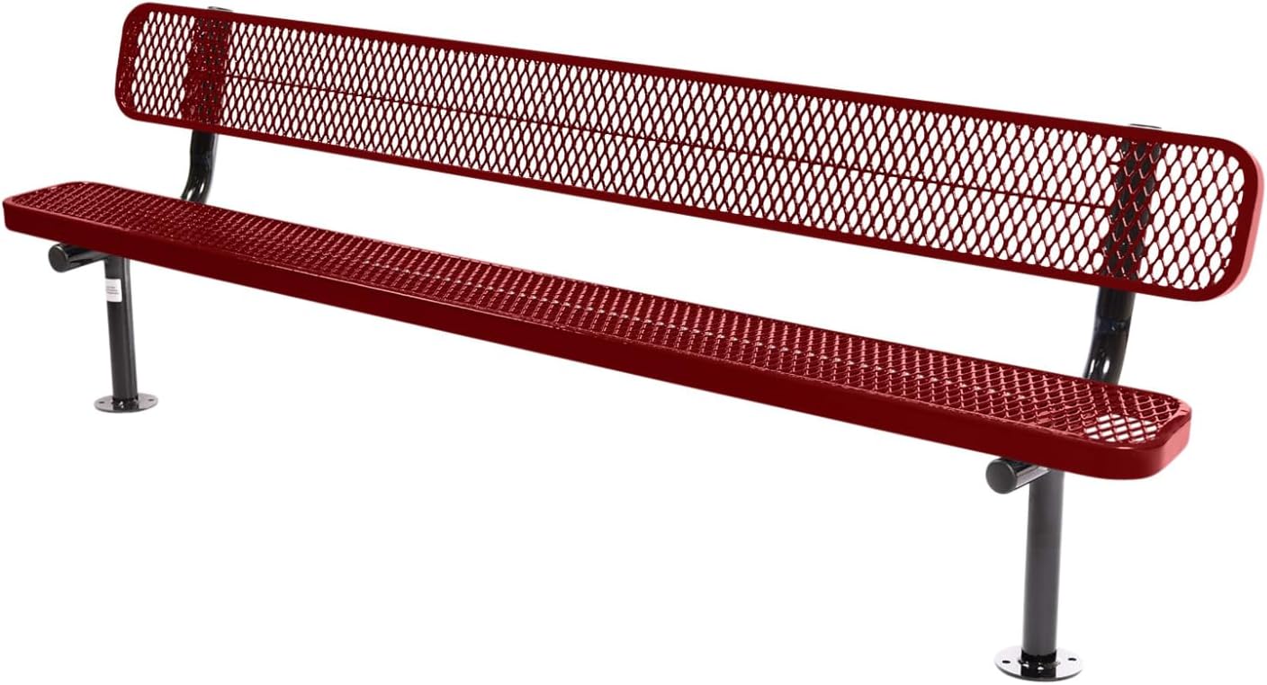 Coated Outdoor Furniture Heavy-Duty Outdoor Bench Thermoplastic Coated, Expanded Metal, Commercial-Grade Seating, Made in America (Surface with Back, 8 Ft, Textured Burgundy)