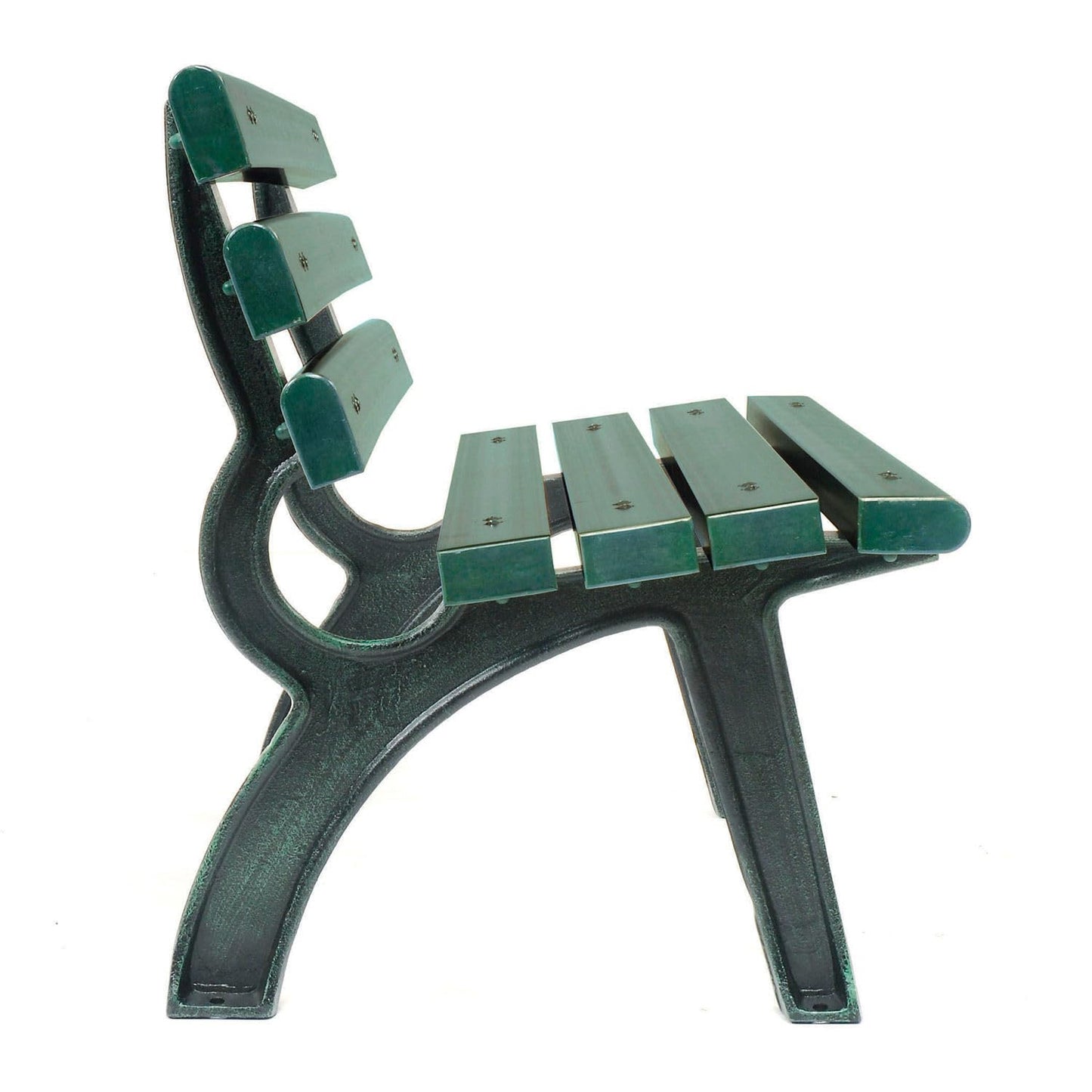 Global Industrial 4'L Outdoor Park Bench with Backrest, Recylced Plastic Slats, Wrought Iron Frame, 1100 lbs Capacity, Green, Surface Mount, Easy Assembly