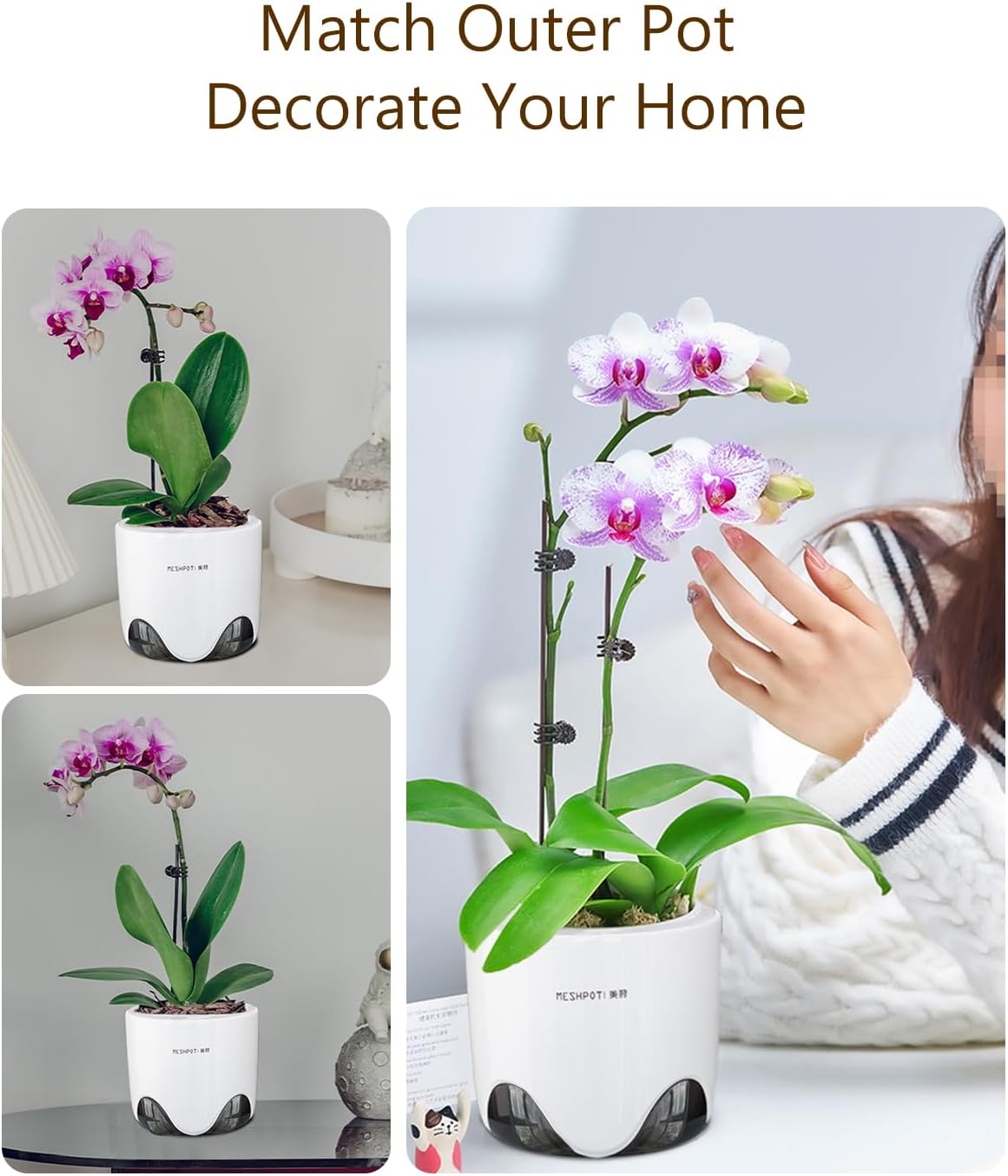 5 inch Orchid Pots with Holes for Repotting with Excellent Airflow, Set of 1, Double Layer Plastic Imitate Ceramic Orchid Planter, Clear Orchid Pot Match Decorative Orchid Container