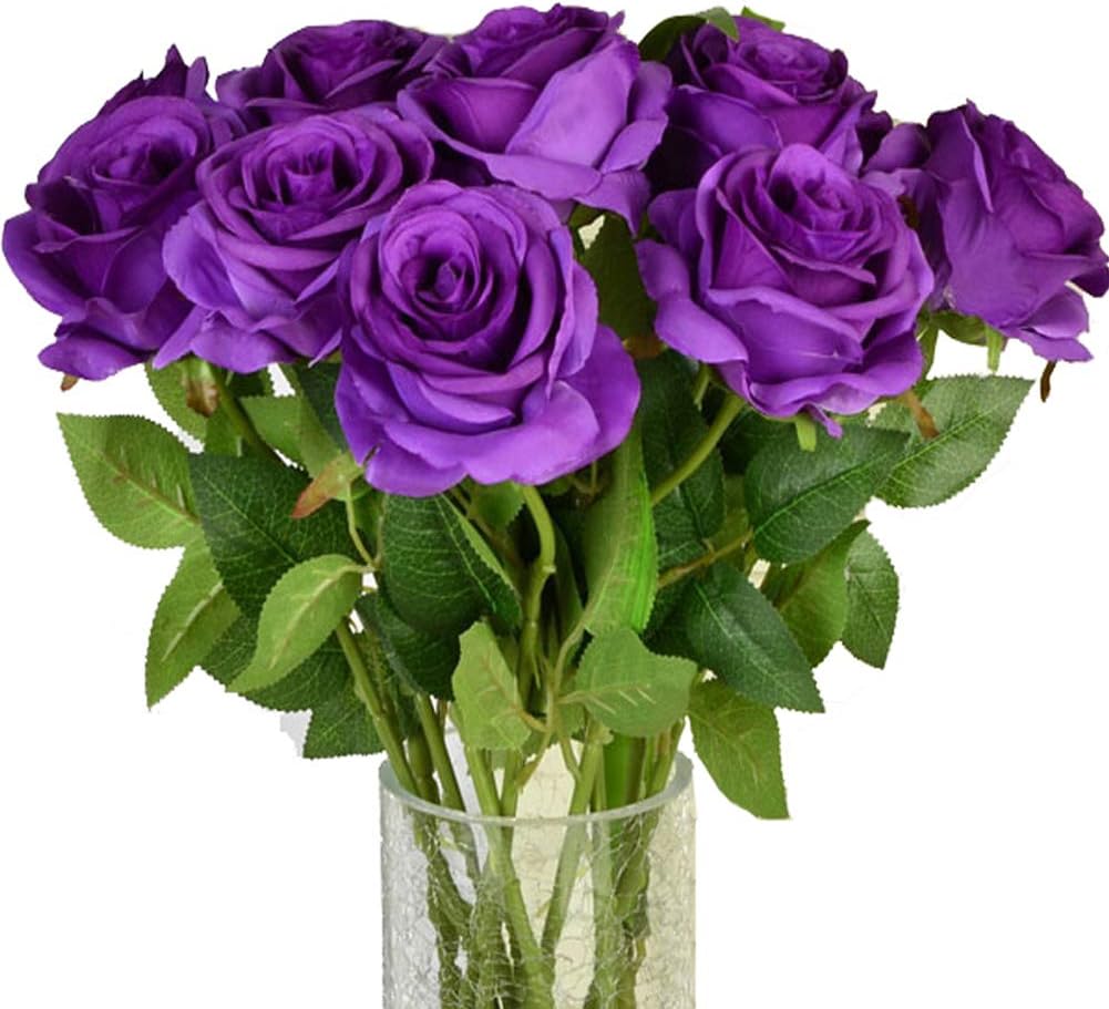 Amzali Artificial Flowers, Real Looking Blush Fake Rose Long Stem Silk Artificial Rose Flower Home Decor for Bridal Wedding Bouquet, Centerpieces Birthday Shower Party Garden floral Arrangement Purple