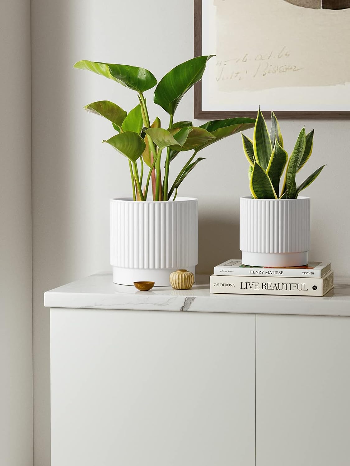 LE TAUCI Ceramic Pots for Plants, 8+6.7+5.5 Inch Plant Pots Indoor, Flower Pot with Drainage Holes, Medium Cylinder Planters for Indoor House Plants, Set of 3, White