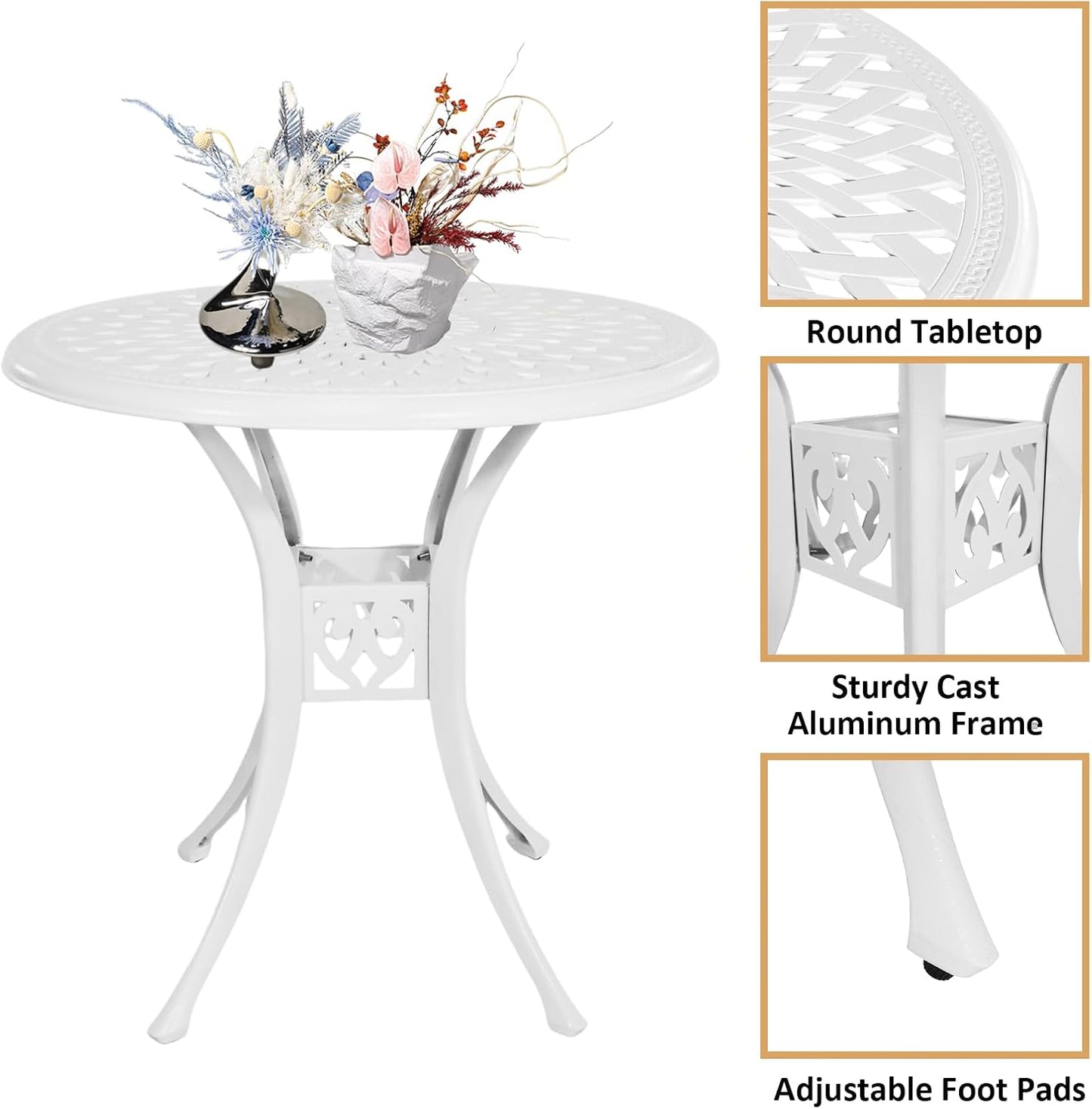 Outdoor Bistro Set 3 Piece, All Weather Bistro Table and Chairs Set, Cast Aluminum Patio Bistro Sets with 2.36" Umbrella Hole, Patio Furniture Set for Garden Porch