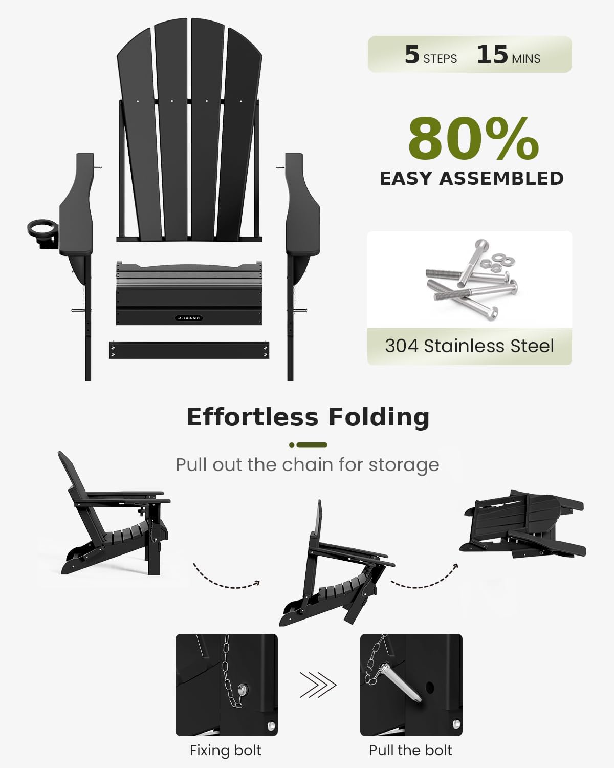 MUCHENGHY Folding Adirondack Chairs and Table Set, Outdoor Chair, Adirondack Chair Plastic, Fire Pit Chair, Weather Resistant with Cup Holder for Deck, Backyard, Garden(Black, 3-Piece)