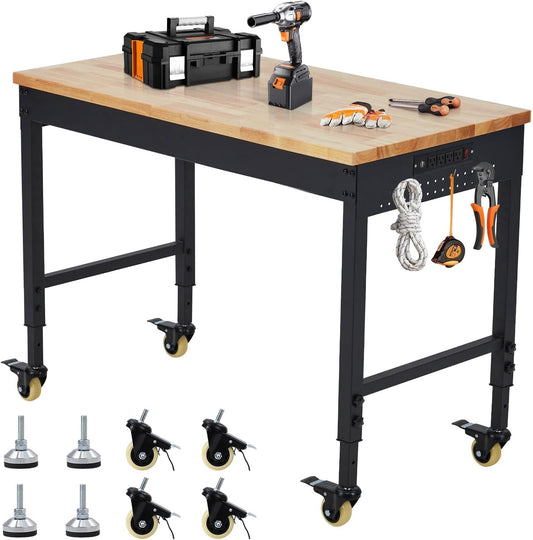 48'' Adjustable Workbench on Wheels, 2000LBS Heavy Duty Worktable with Power Outlets & Drawers & Pegboard, Rubberwood Workstation for Workshop, Garage, Office, Home