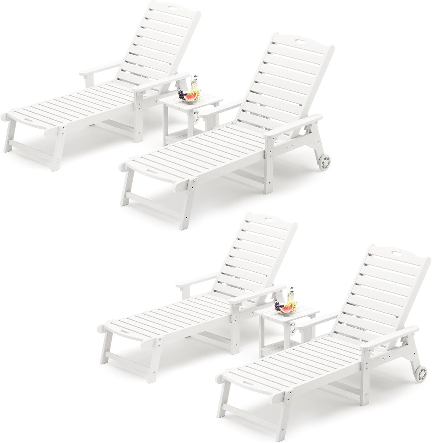 LUE BONA Chaise Lounge Chairs Set with Table, 6-Piece, 79'' Oversized HDPS Chaise Lounger, 5 Positions Adjustable Lounge Chairs, Pool Lounge Chair with Wheels for Poolside, 3 Year Warranty, White