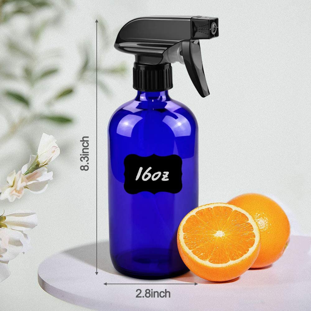 Glass Spray Bottles, 16oz Blue Glass Spray Bottles with Labels & Adjustable Nozzle, Reusable Containers for Cleaning, BBQ, Food, Plants, Alcohol, Essential Oils(1 Pack)