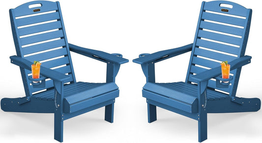 Adirondack Chairs Set of 2, Outdoor Fire Pit Chairs, HDPE All-Weather Adirondack Chairs with Cup Holder, Lawn Chair for Deck, Patio, Garden (NavyBlue)