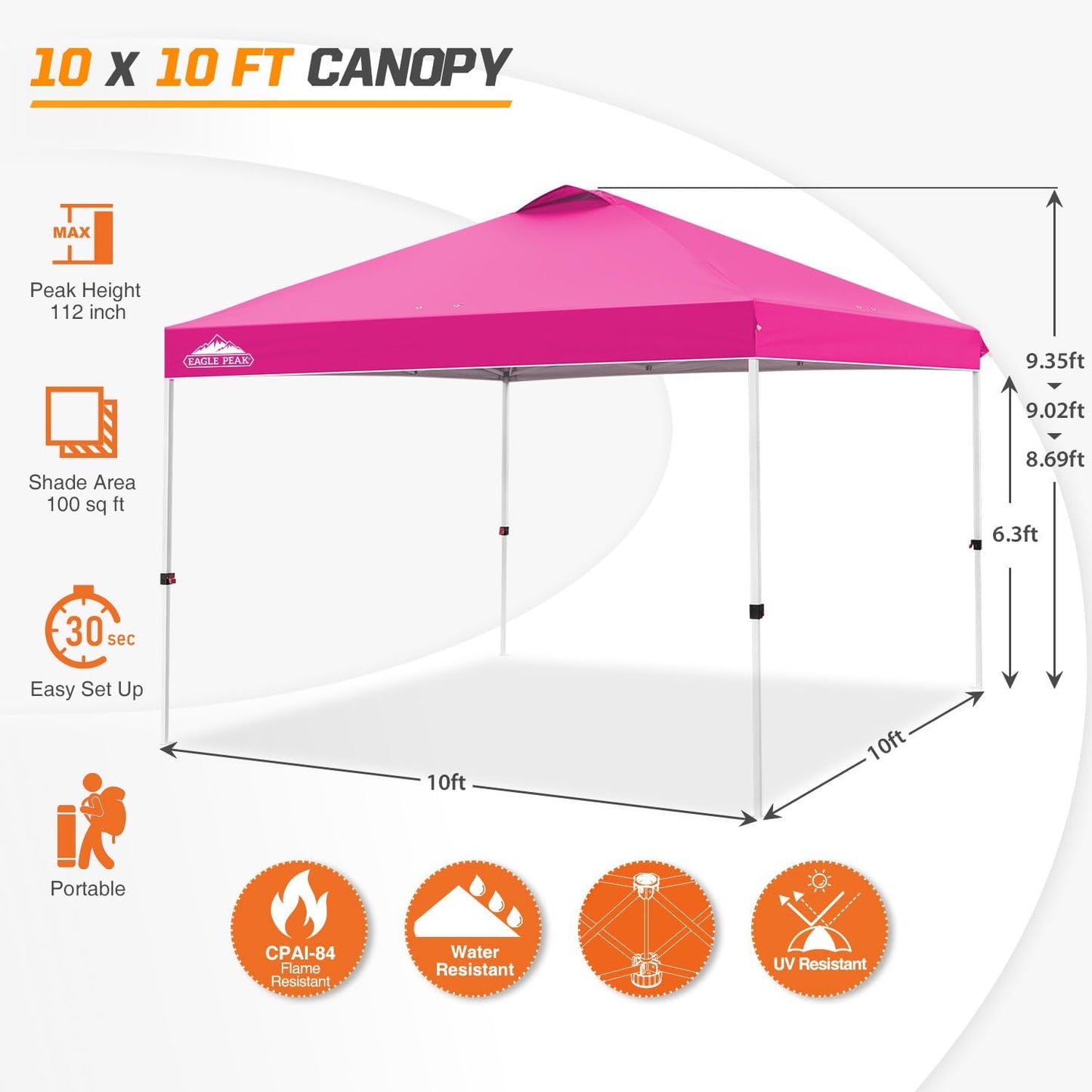 EAGLE PEAK Pop Up Canopy Tent with Wheeled Carry Bag, 8 Stakes, 4 Ropes, 4 Weight Bags, Easy Set Up Tent Canopy, 10x10 ft, 100sqft of Shade, Pink