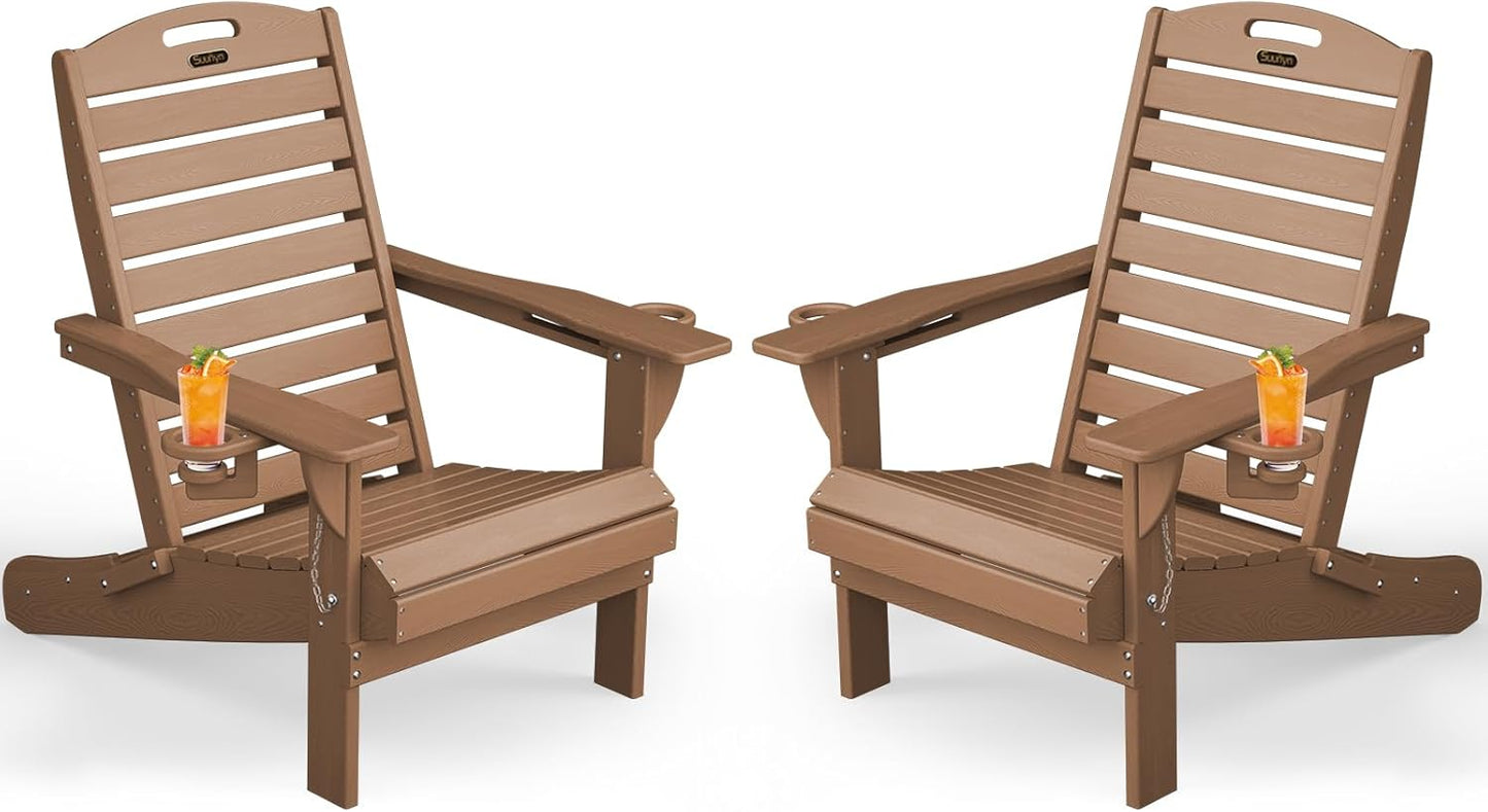Adirondack Chairs Set of 2, Outdoor Fire Pit Chairs, HDPE All-Weather Adirondack Chairs with Cup Holder, Lawn Chair for Deck, Patio, Garden (Teak)