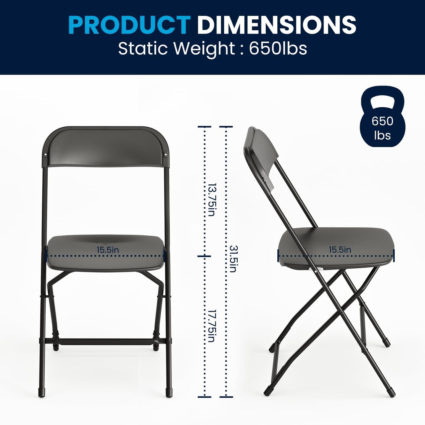 Flash Furniture Hercules Series Plastic Folding Chairs for Parties and Weddings, Stackable Commercial Event Seats with 650-lb. Static Weight Capacity, Set of 2, Black