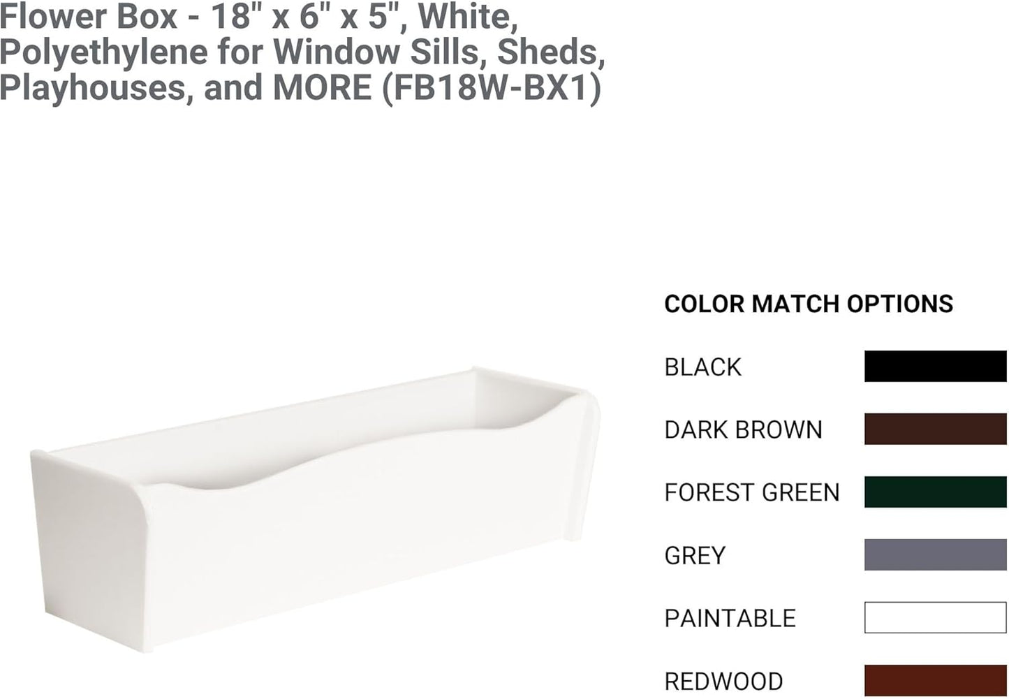 Flower Box 18" x 6" x 5" Forest Green Polyethylene for Window Sills, Sheds, and Playhouses, 1 PK (FB18FG-BX1)