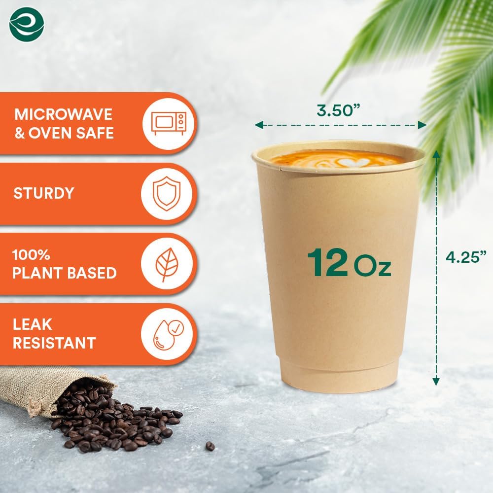 ECO SOUL 100% Compostable Plant-Based 12oz Hot Cups | (100 Count, 12 oz Hot Cups) | Disposable Bagasse Paper Cups | Eco-friendly Cups | Sturdy, Microwave & Oven Safe