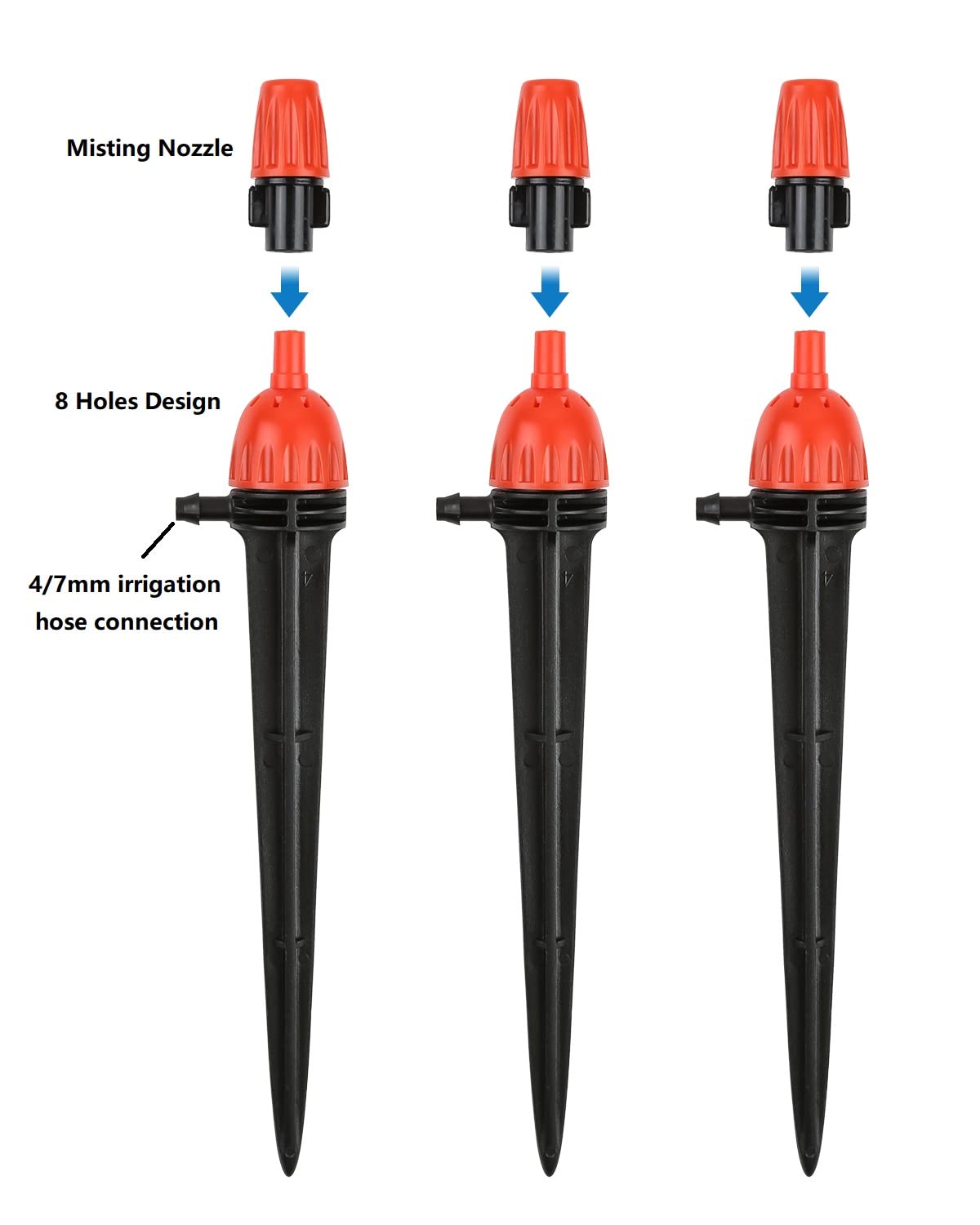 25pcs Drip Irrigation Emitters for 1/4" Irrigation Hose Accessories, Adjustable 360 Degree Water Flow Stake Drippers, Garden Irrigation Drippers for Watering System