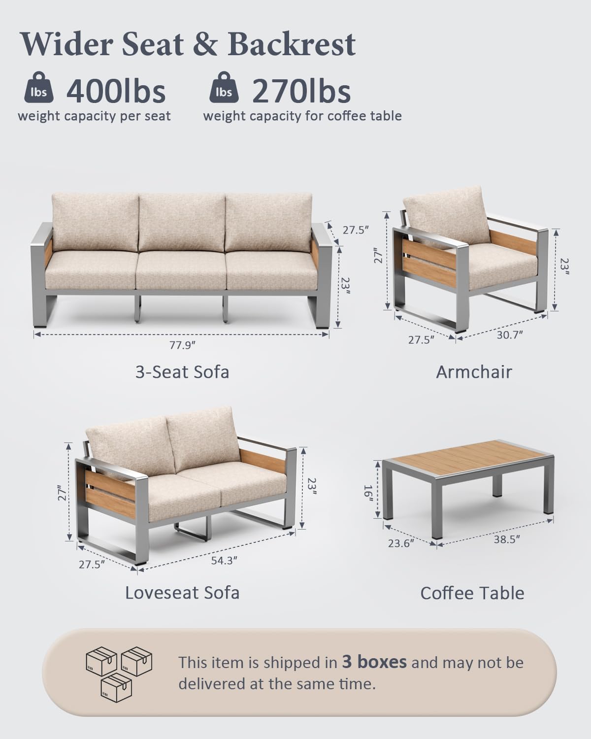 ZANDOR Aluminum Outdoor Patio Conversation Furniture Set, 4 PCS Metal Modern Outside Sectional Lawn Furniture with Coffee Table & Washable Thick Cushions,Seating Sofa for Garden/Backyard/Porch Silver