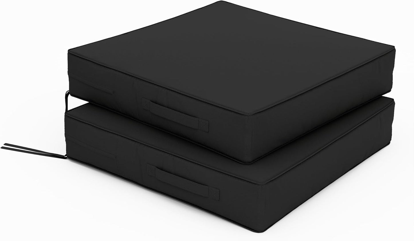 Patio Chair Cushions 22 X 22 X 4 Inch Waterproof Outdoor Seat Cushions for Patio Furniture, Outdoor Sofa Couch Pads with Ties & Handle, Set of 2, Black