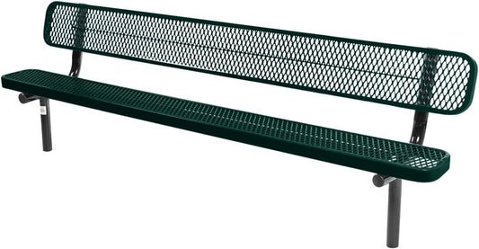 Heavy-Duty Outdoor Bench Thermoplastic Coated, Expanded Metal, Commercial-Grade Seating, Made in America (Inground with Back, 8 Ft, Textured Dark Green)
