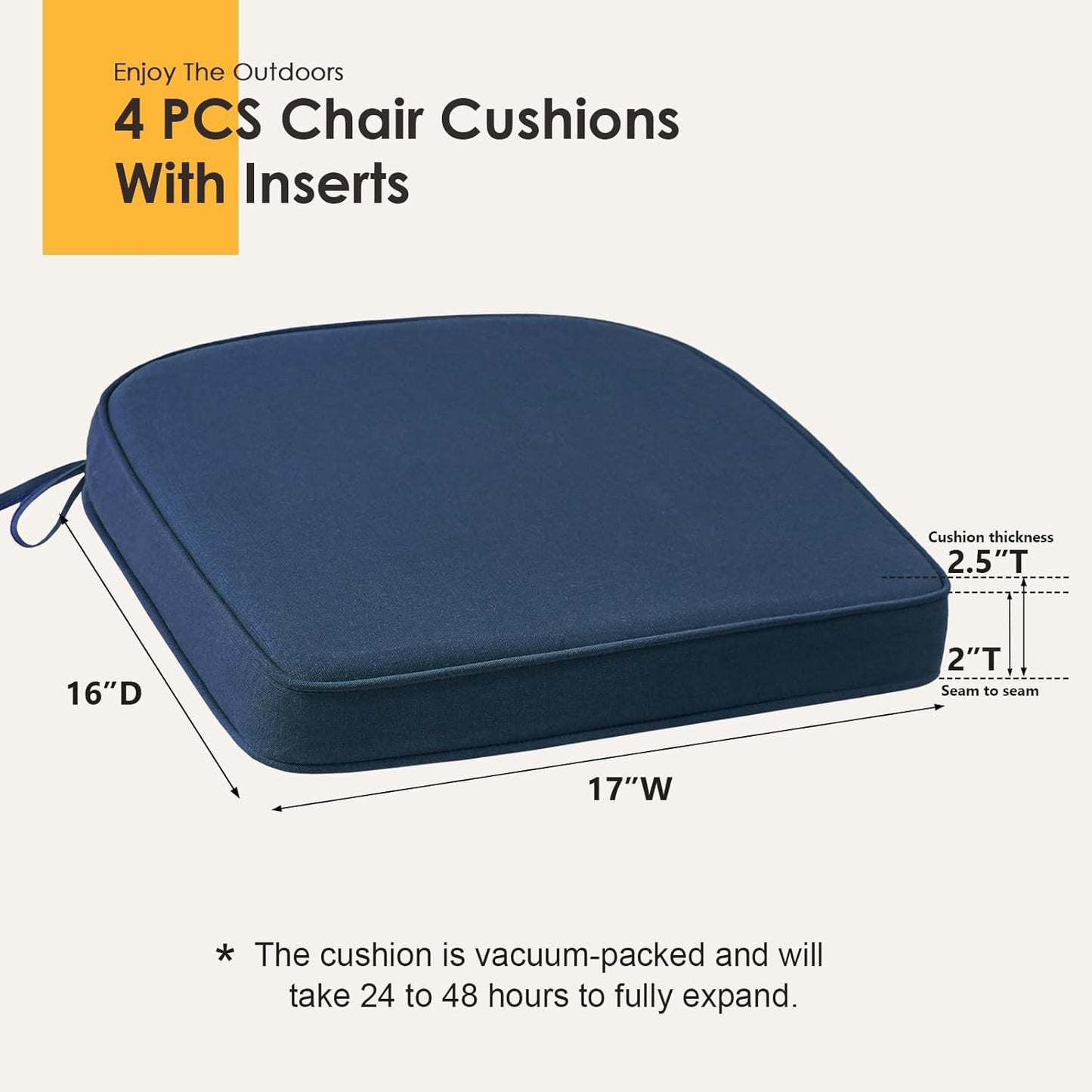 Outdoor Sunbrella Round Corner Seat Cushion, 17"x16"x2", Set of 4, Non Slip Seat Cushion Pads with Removable Cover for Patio Furniture, Garden Yard Lawn, Specrtum Indigo