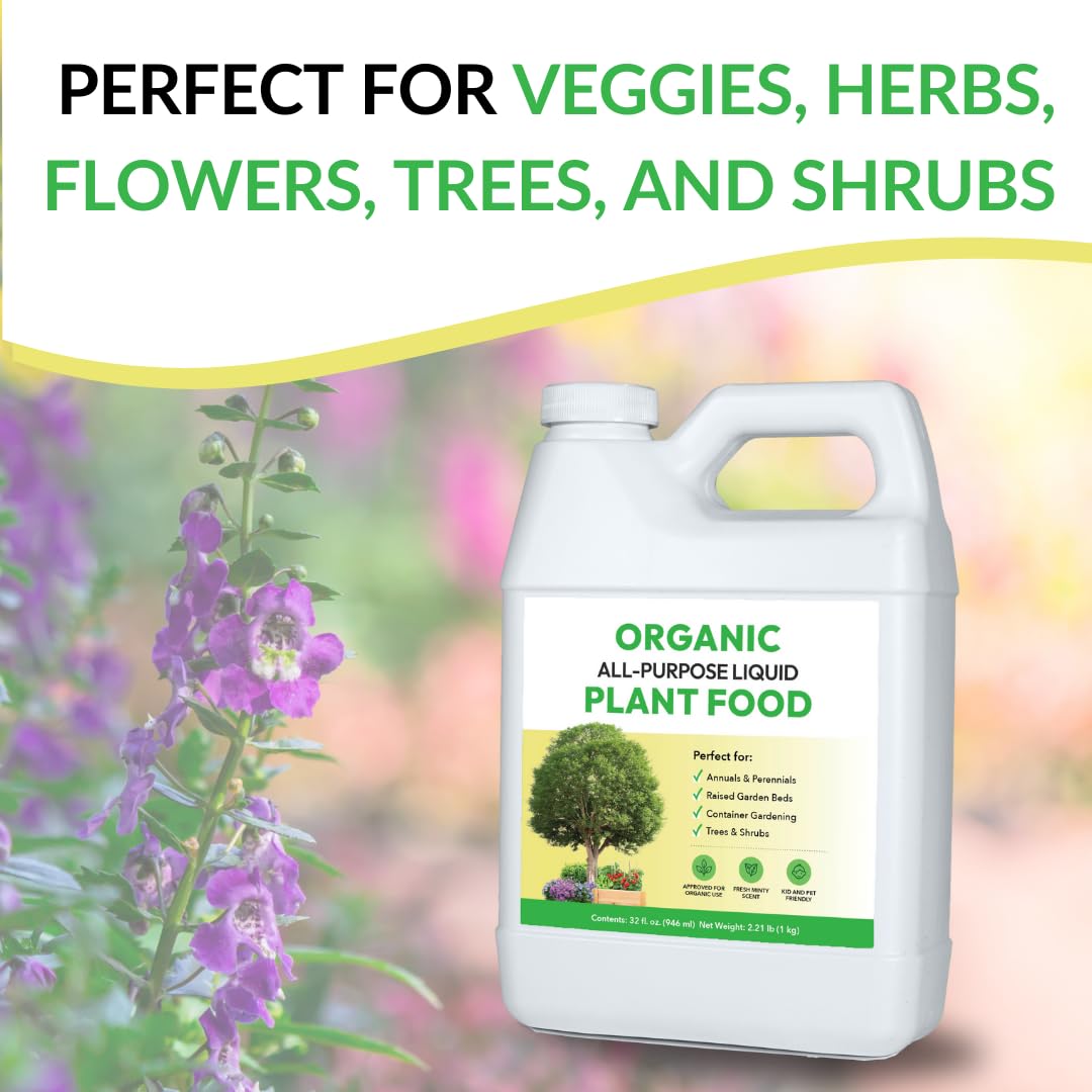 Organic All-Purpose Liquid Plant Food - Use on All Outdoor Plants: Flower Beds, Vegetable Gardens, Container Gardening | Concentrated Liquid Fertilizer Alternative (32oz, Mixes to 32 Gallons)