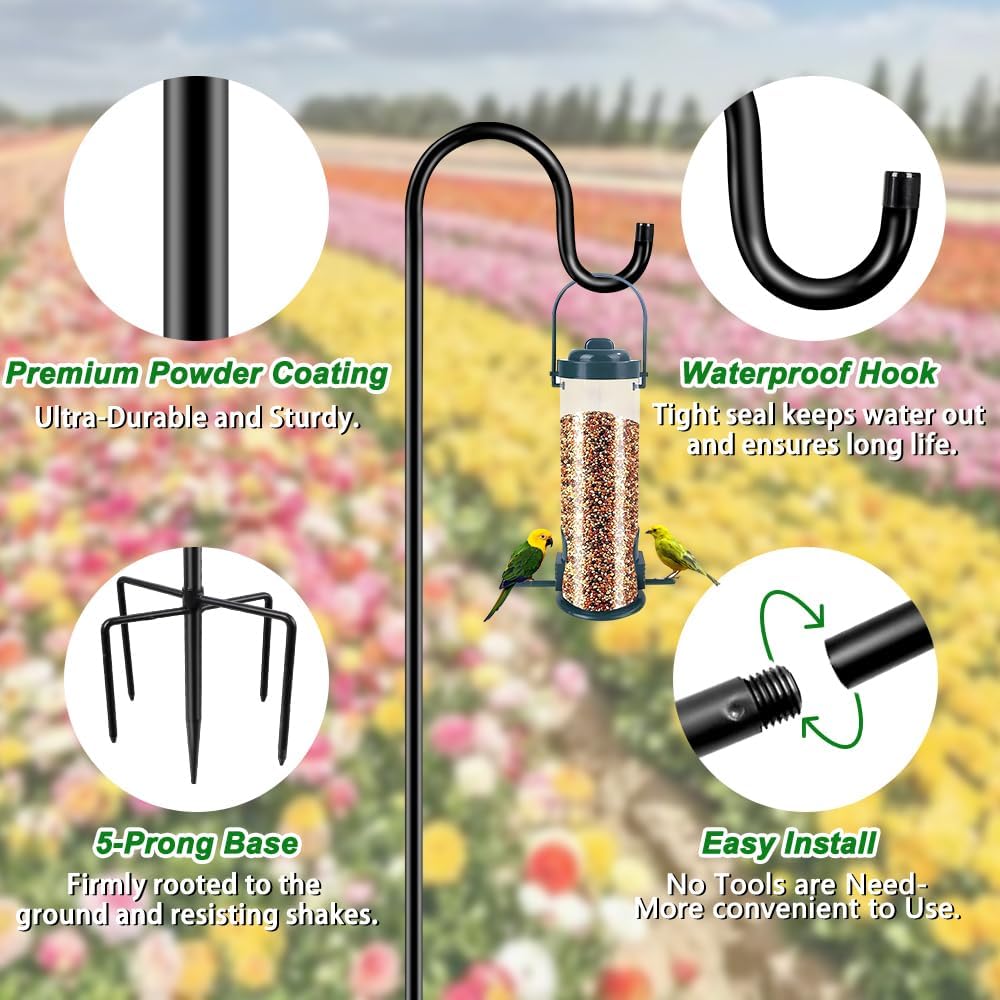 36 Inch Shepherds Hooks for Outdoor, Heavy Duty Bird Feeder Pole with 5 Prong Bases, Garden Hanging Stake for Bird Feeder, Solar Light, Plant Hanger, Wedding Decor, Metal Hanger Hooks, Black, 2 Packs