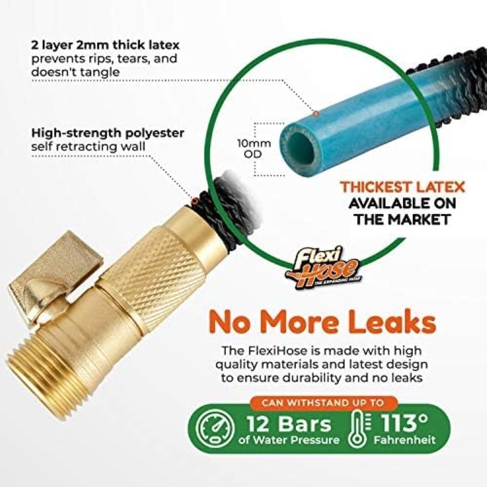 Flexi Hose Lightweight Expandable Garden Hose, No-Kink Flexibility, 3/4 Inch Solid Brass Fittings and Double Latex Core (150 FT, Black)