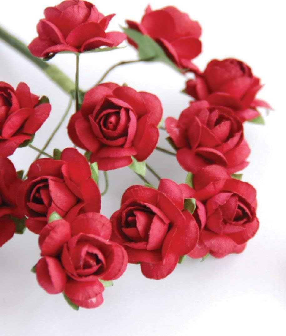 Mini Fake Rose Flower Heads 144pcs Mini Artificial Mulberry Paper Roses Flower with Wire Stem DIY Wedding Flowers Accessories Make Bridal Hair Clips Headbands Dress (Red)