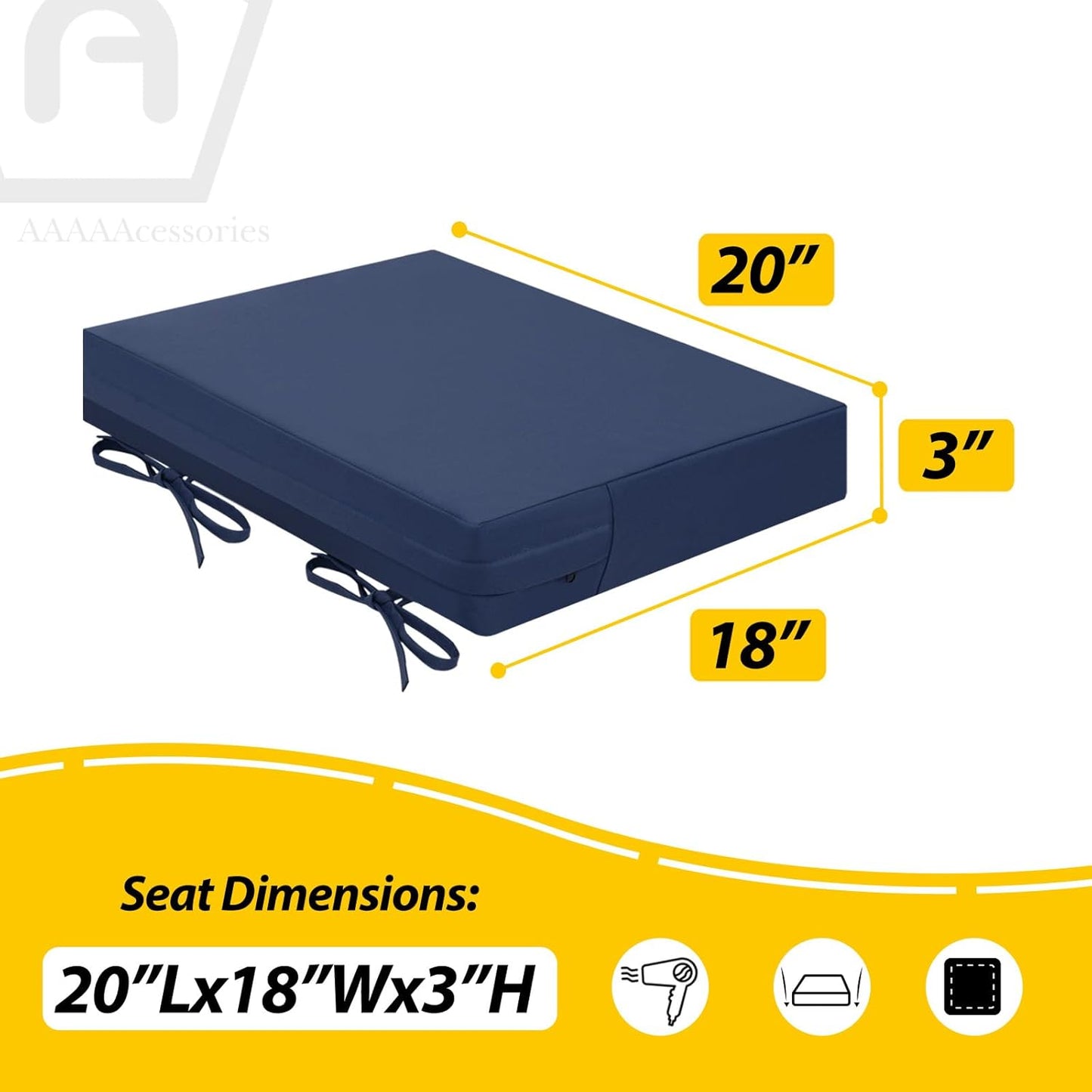 AAAAAcessories Outdoor Seat Cushions for Chairs, Waterproof, Fade-Resistant Patio Furniture Replacement Cushions, 20" x 18" x 3", Set of 2, Navy Blue