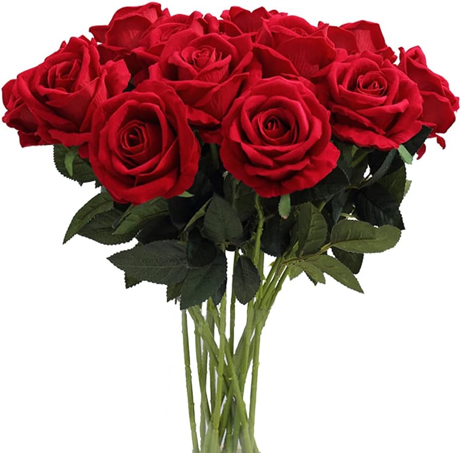 AMZALI Artificial Flowers, Real Looking Blush Fake Rose Long Stem Silk Artificial Rose Flowers Home Decor for Bridal Wedding Bouquet, Centerpieces Birthday Flowers Party Garden Floral Arrangement Red