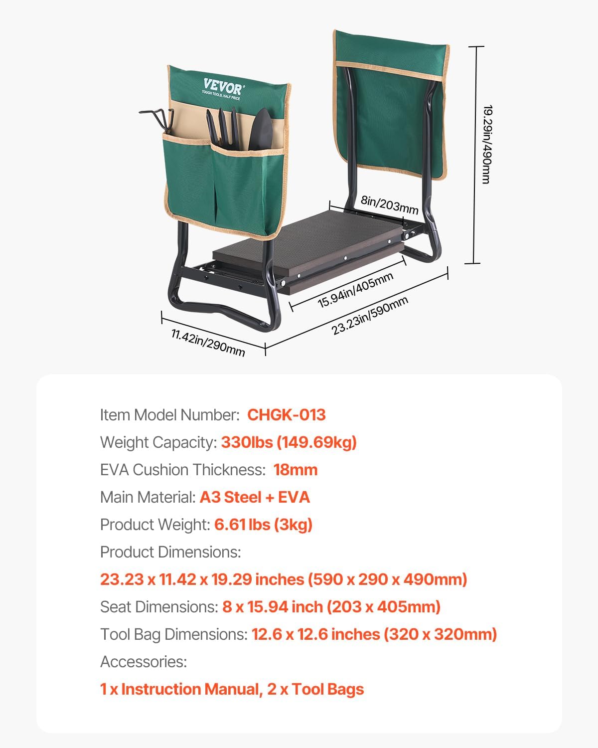 VEVOR Folding Garden Kneeler and Seat Heavy Duty, Widened 8" EVA Foam Pad, Portable Garden Stool with Tool Bags, Gardening Bench to Relieve Knee & Back Pain, Great Gifts for Seniors, Women, Parents