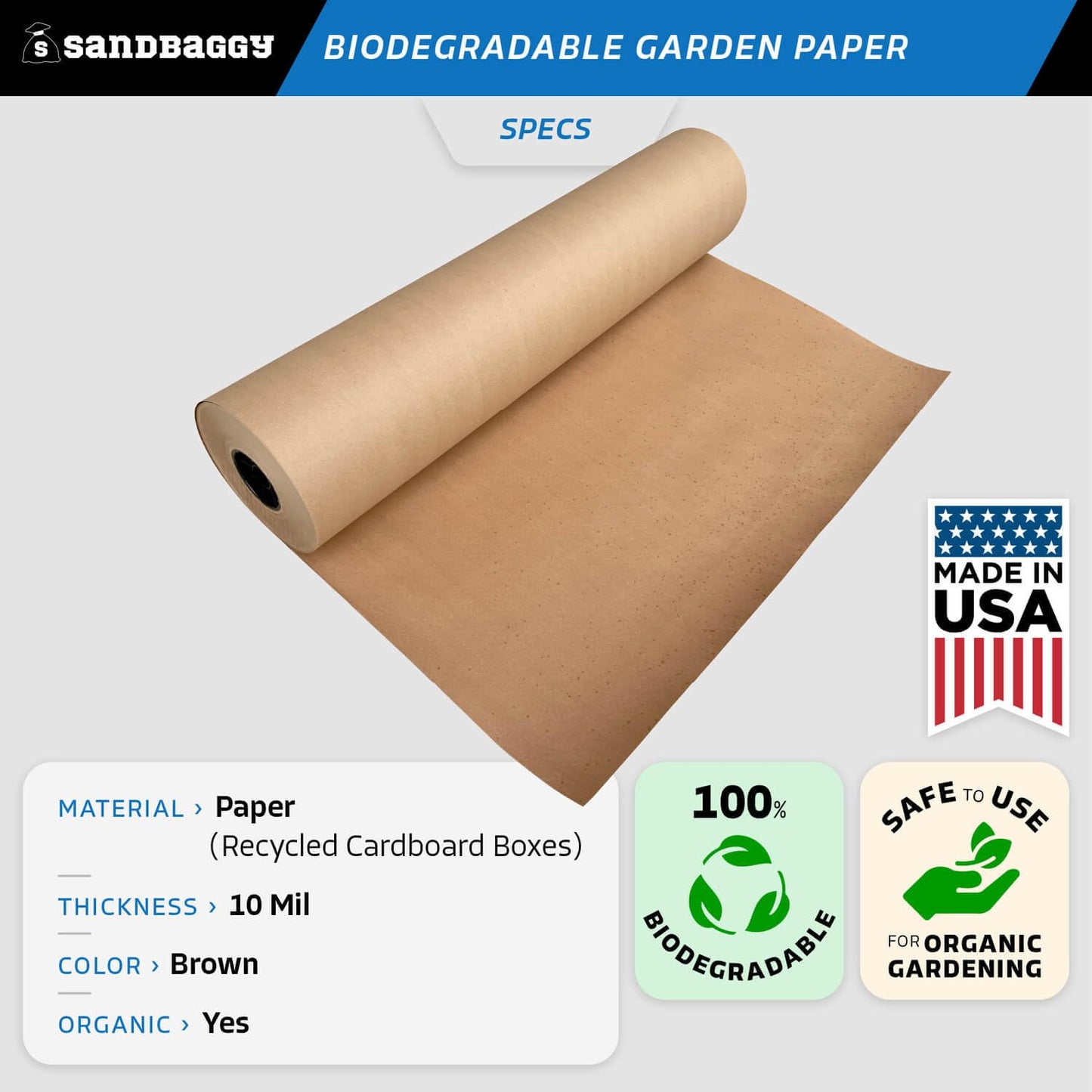 Sandbaggy Biodegradable Landscape Fabric - Garden Paper for Weeds - Paper Mulch Rolls - Made in America (2 ft x 475 ft, 25)