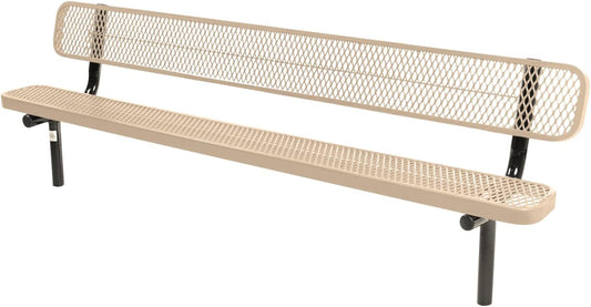 Coated Outdoor Furniture Heavy-Duty Outdoor Bench Thermoplastic Coated, Expanded Metal, Commercial-Grade Seating, Made in America (Inground with Back, 8 Ft, Tan)